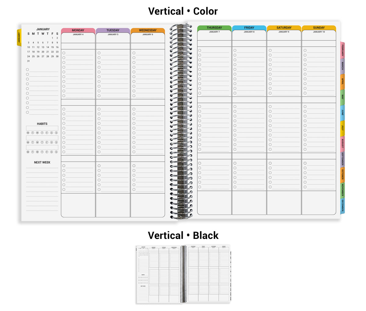 The image is a spiral-bound planner with a black and vertical color scheme. It features a calendar for the months of January to December, a habit tracking system, and a section for the days of the week. The planner is designed to help users organize their daily activities and tasks.
