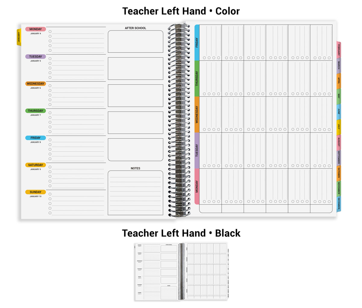 The image is a teacher's hand-sized planner with a black cover, featuring a color-coded left hand section for different activities such as teacher left hand, after school, and color. The layout includes a calendar, a notes section, and a color-coded schedule for each day of the week.