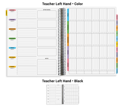 The image is a teacher's hand-sized planner with a black cover, featuring a color-coded left hand section for different activities such as teacher left hand, after school, and color. The layout includes a calendar, a notes section, and a color-coded schedule for each day of the week.