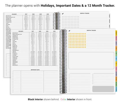 a planner with a 12-month tracking feature, including sections for holidays, important dates, and a calendar. The planner is open and ready to use.