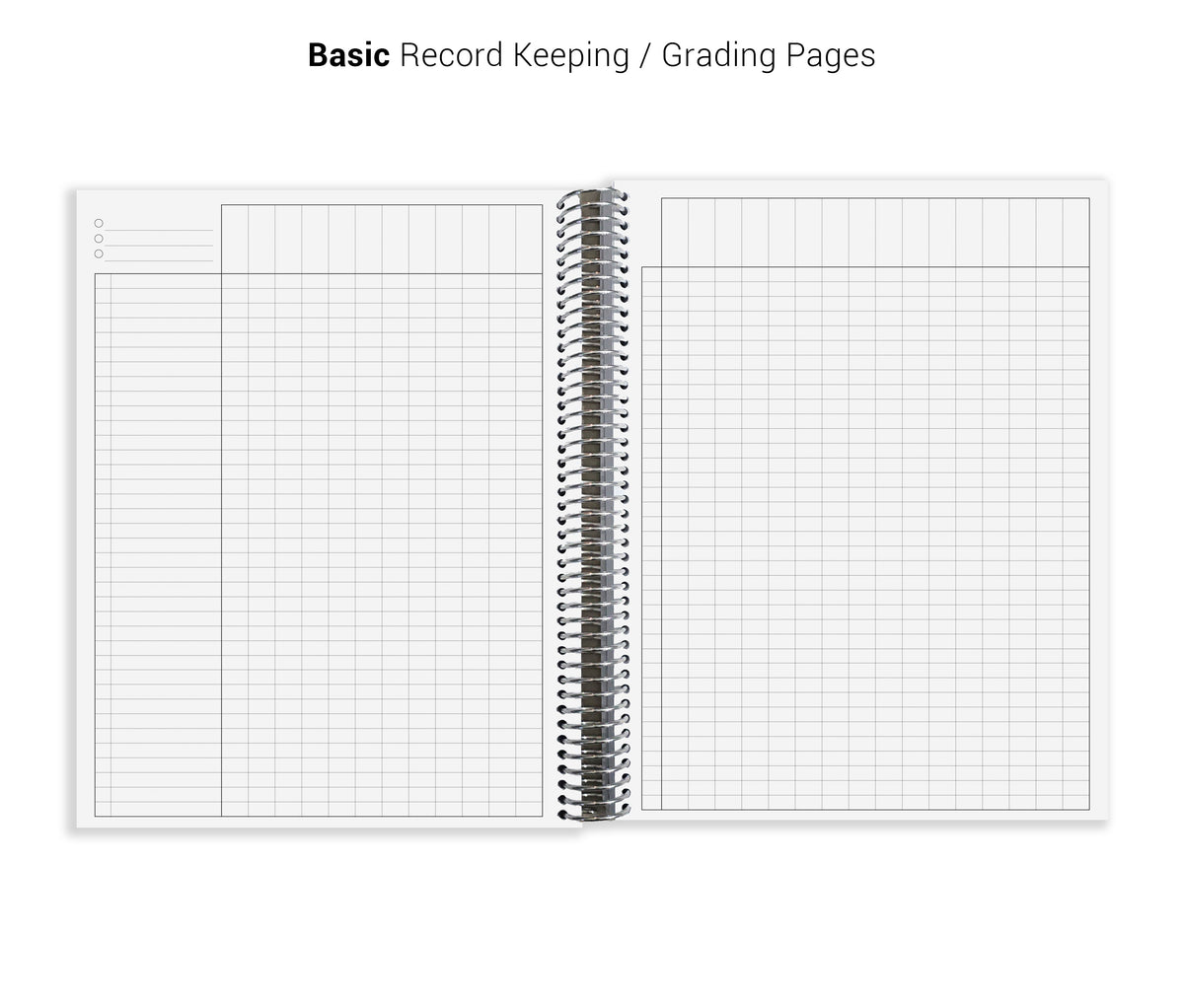 a spiral-bound notebook with blank pages, which are used for basic record keeping andgrading pages.