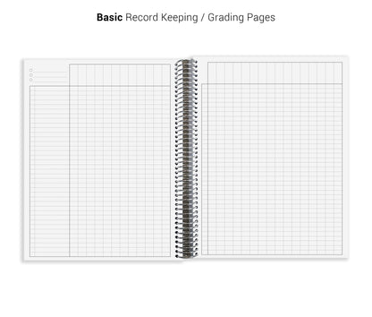 a spiral-bound notebook with blank pages, which are used for basic record keeping andgrading pages.