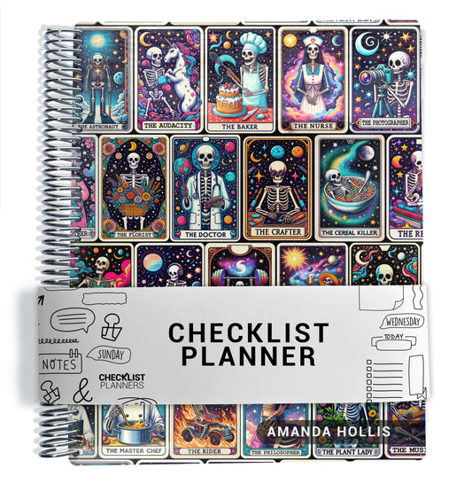 The image is a colorful spiral-bound planner with a variety of illustrations and text, including tarot cards, recipes, and other decorative elements.