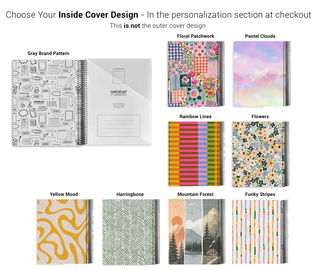 a variety of colorful and patterned notebooks and planners, each with different designs and themes.