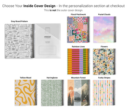 a variety of colorful and patterned notebooks and planners, each with different designs and themes.