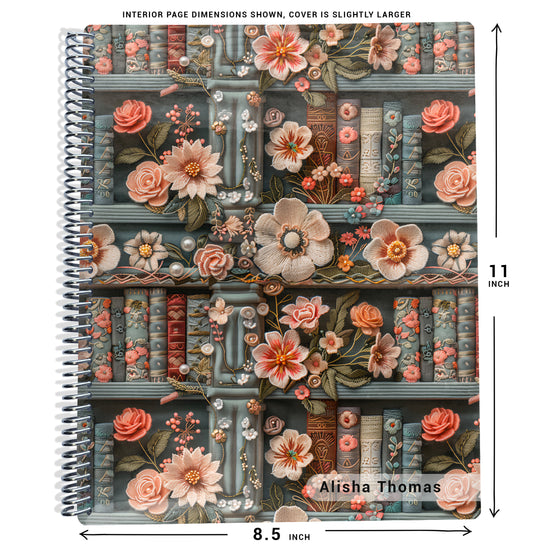 The image is a spiral-bound notebook with a floral pattern on the cover. The cover is slightly larger than the page dimensions shown, which are 8.5 inches by 11 inches. The notebook is designed for Alisha Thomas.