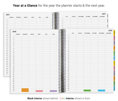 The image is a page from a planner showing the months and days for the year, with a color-coded layout.