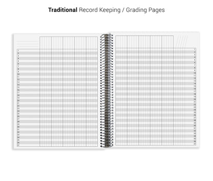 The image is a traditional record keeping orgrading page, which is a page in a notebook or binder used to record and grade assignments or tasks.