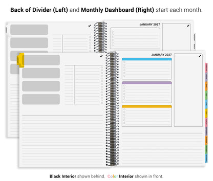 The image is a two-page spread from a planner, featuring a "Back of Divider (Left)" and a "Monthly Dashboard (Right)" section. The "Black Interior" section is shown behind, while the "Color Interior" section is shown in front. The layout is designed to allow users to start each month with a new page, providing a clear and organized structure for planning and tracking tasks.