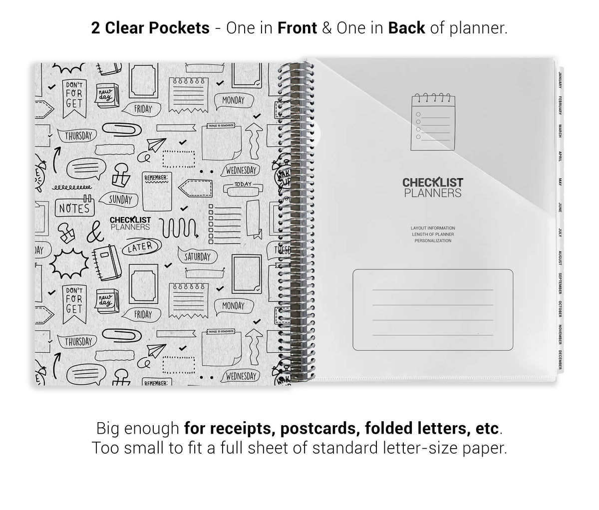 a spiral-bound notebook with two clear pockets, one in front and one in back of a planner. The notebook has a black and white design with various icons and text, and it appears to be too small to fit a full sheet of standard letter-size paper.