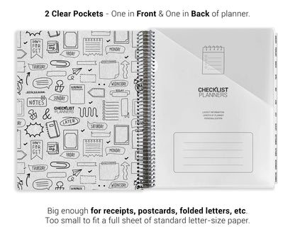 a spiral-bound notebook with two clear pockets, one in front and one in back of a planner. The notebook has a black and white design with various icons and text, and it appears to be too small to fit a full sheet of standard letter-size paper.