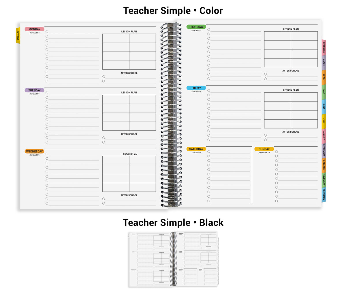 The image is a teacher's simple planner with a black color scheme. It features a spiral-bound notebook with a daily schedule, including sections for lessons, after school, and weekends. The planner is designed to help teachers manage their time and tasks efficiently.