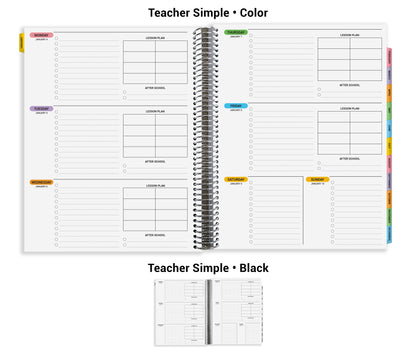 The image is a teacher's simple planner with a black color scheme. It features a spiral-bound notebook with a daily schedule, including sections for lessons, after school, and weekends. The planner is designed to help teachers manage their time and tasks efficiently.