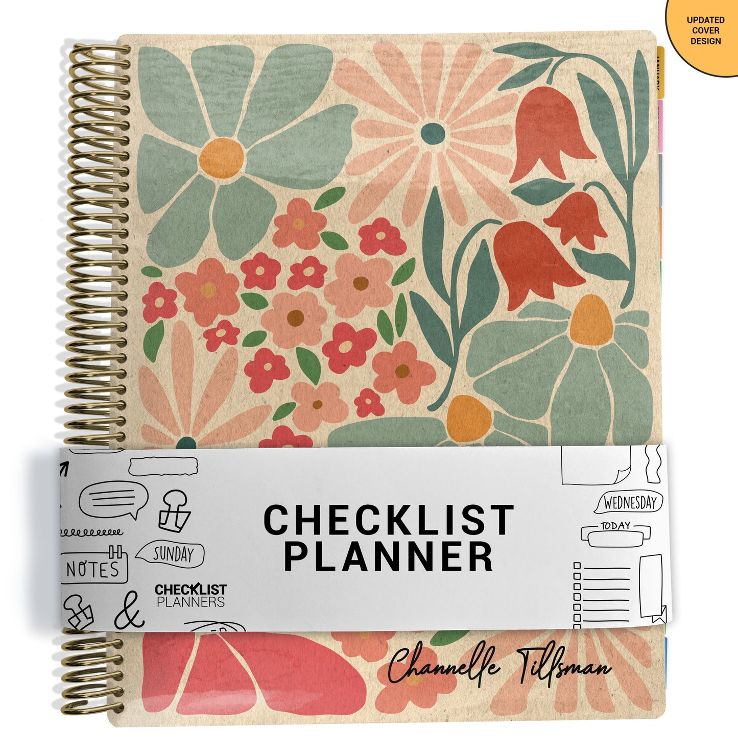 pink, blue and tan Floral color checklist planner notebook with size dimensions on a white background