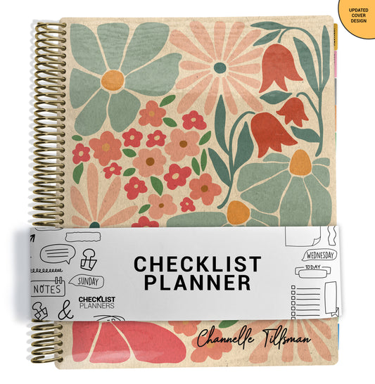 pink, blue and tan Floral color checklist planner notebook with size dimensions on a white background