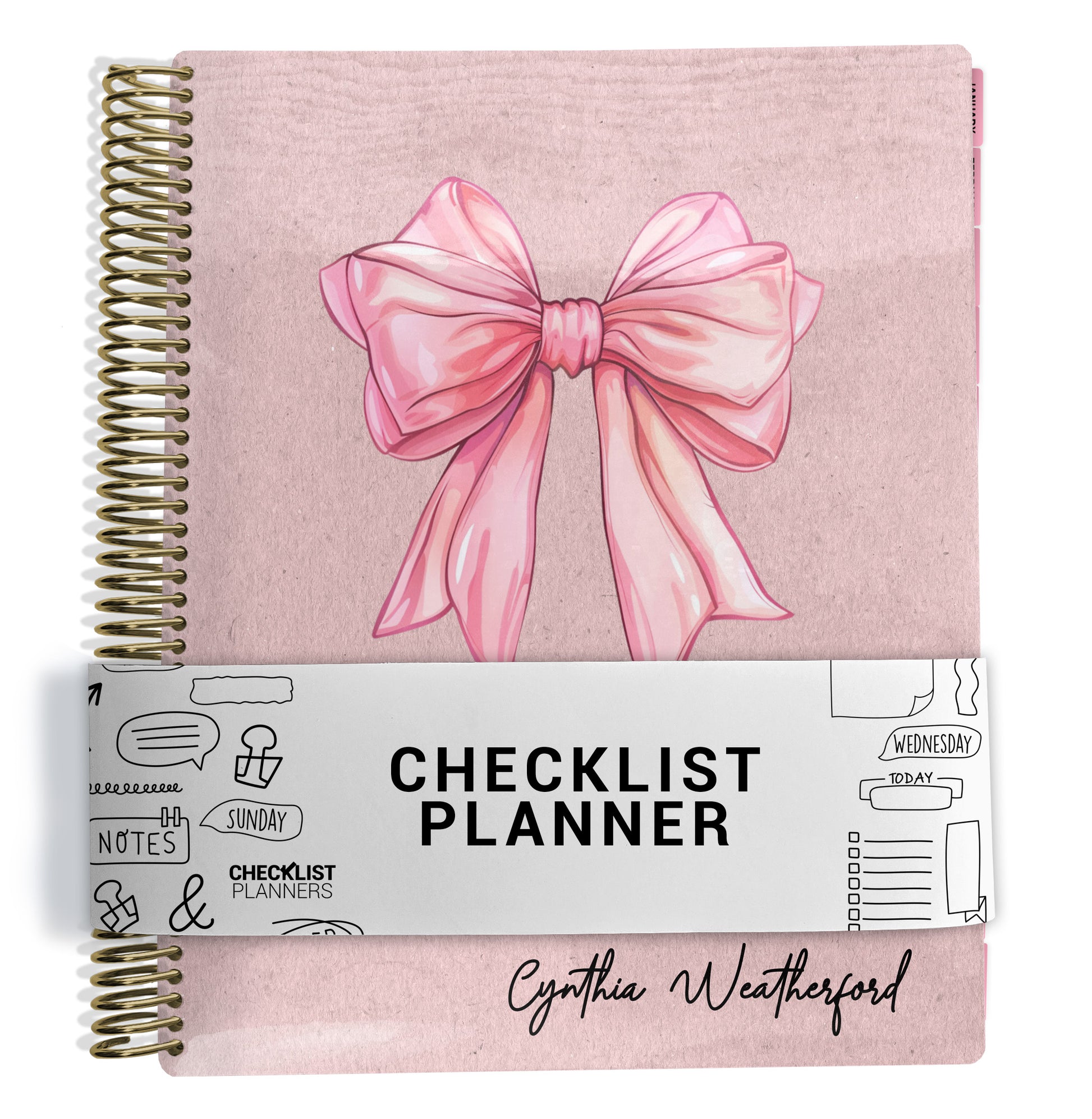 planner Notebook with a pink bow design on a pink background cover