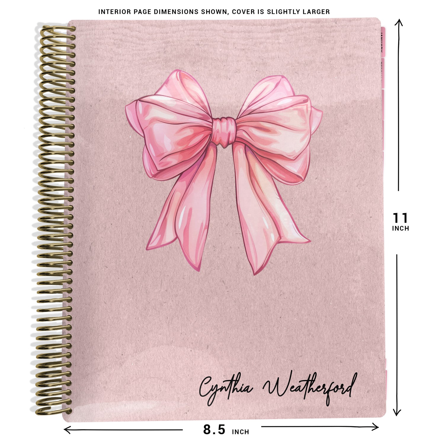 planner Notebook with a pink bow design on a pink background cover, size dimensions indicated.