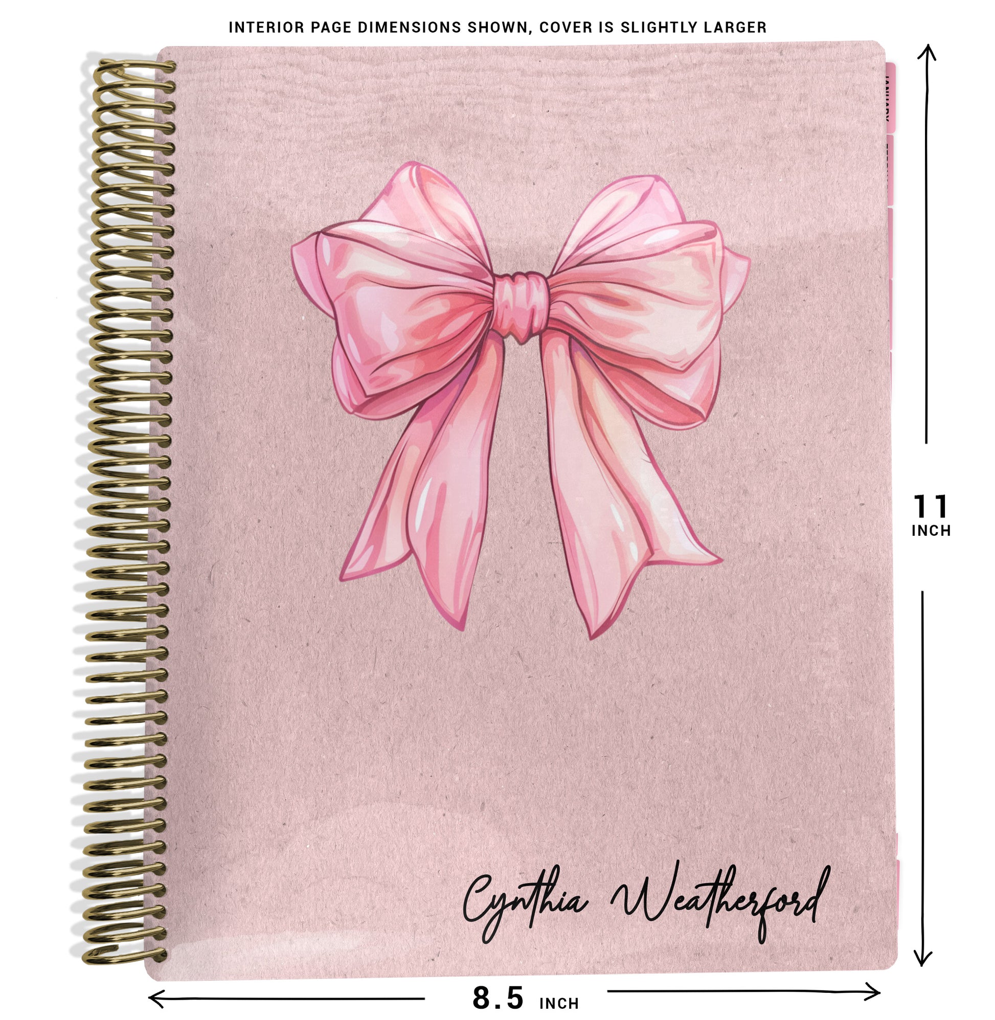 planner Notebook with a pink bow design on a pink background cover, size dimensions indicated.