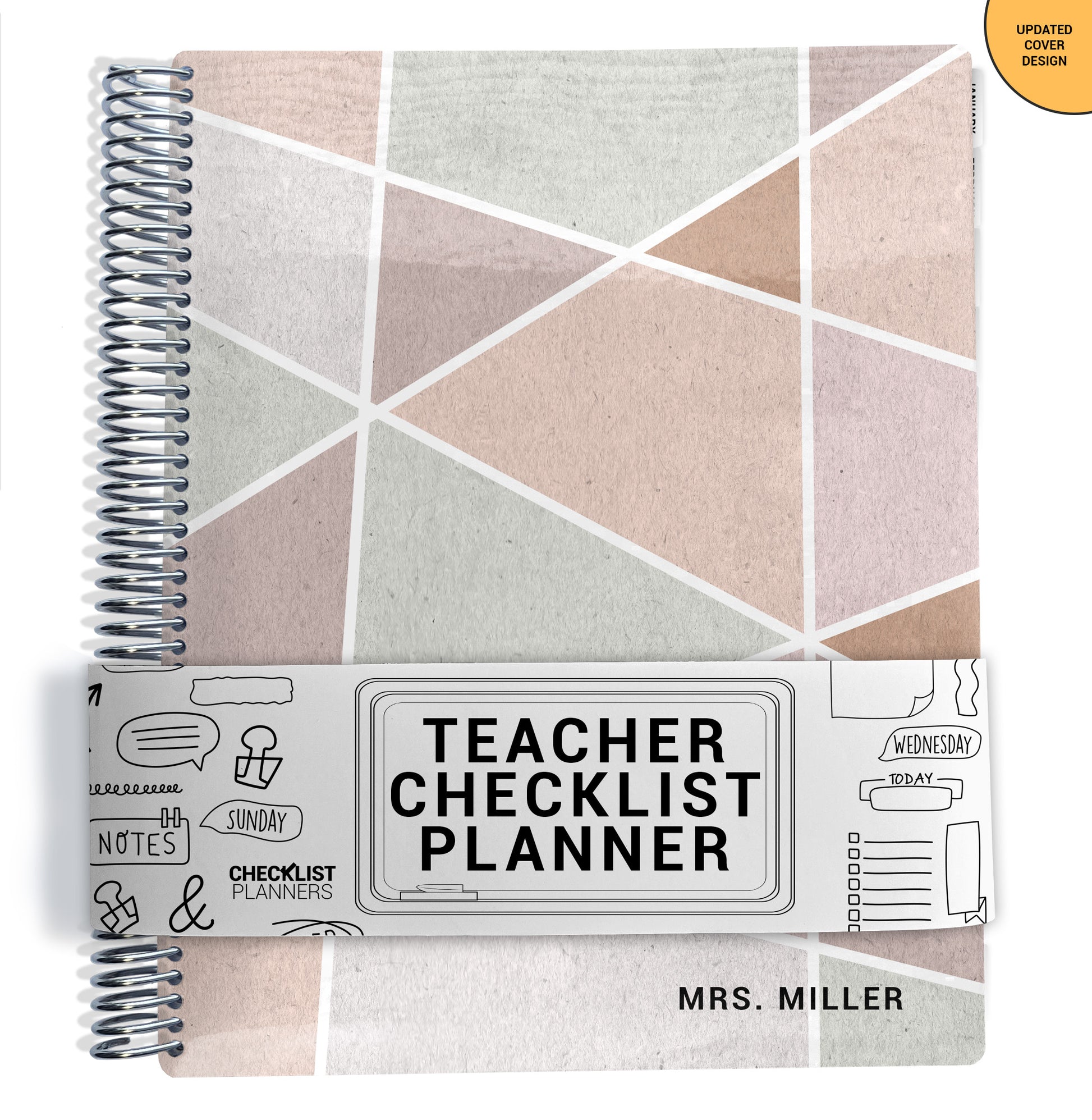 pink green and tan geometric pattern on planner Notebook with spiral binding on a white background