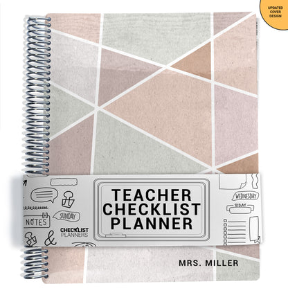 pink green and tan geometric pattern on planner Notebook with spiral binding on a white background