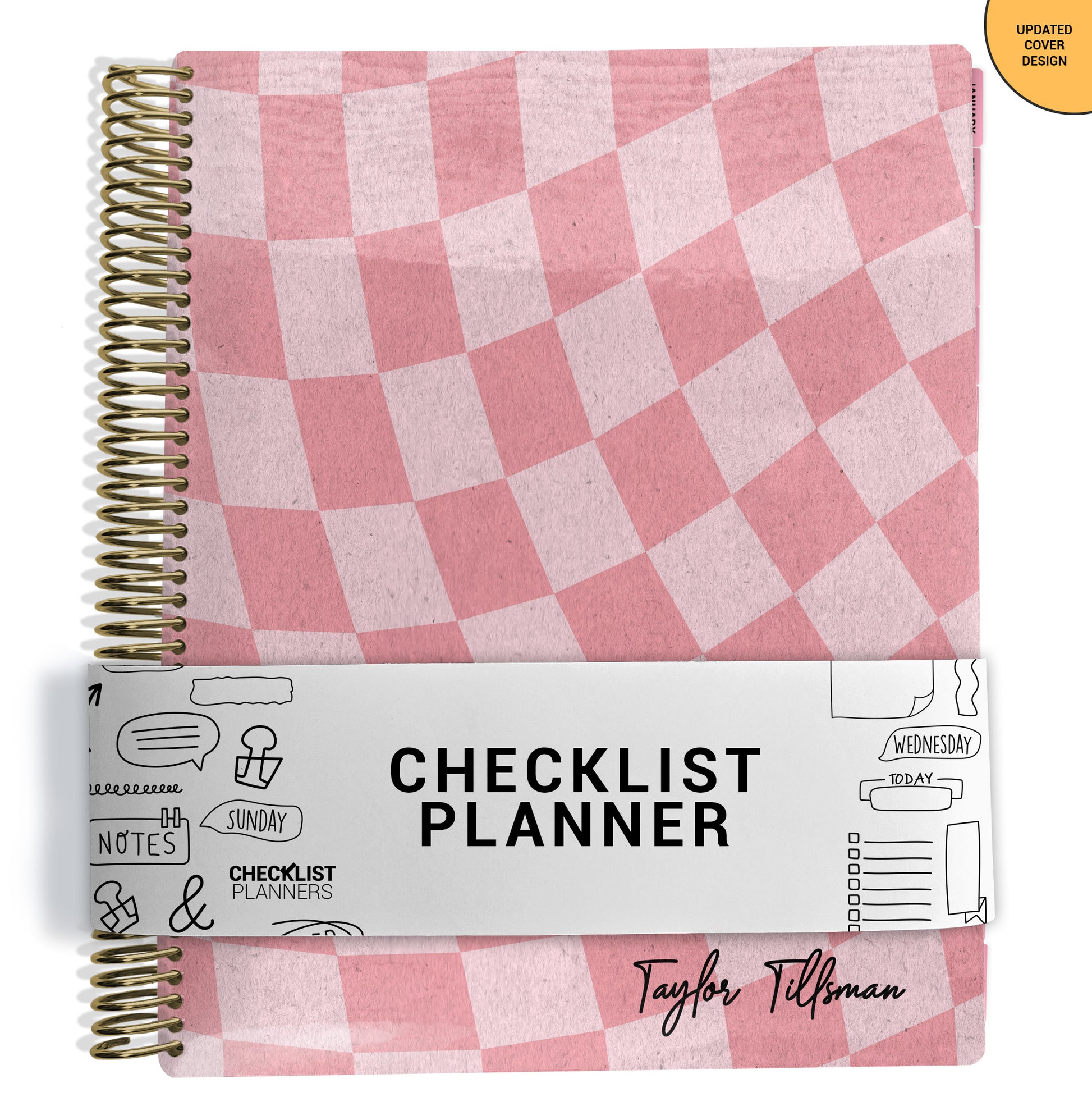 pink wavy checker patterned planner Notebook with spiral binding on a white background