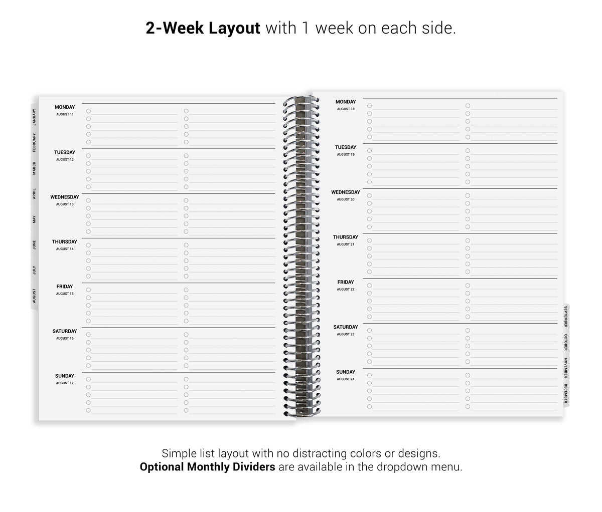 The image is a 2-Week Layout with 1 week on each side, featuring a simple layout with no distracting colors or designs.