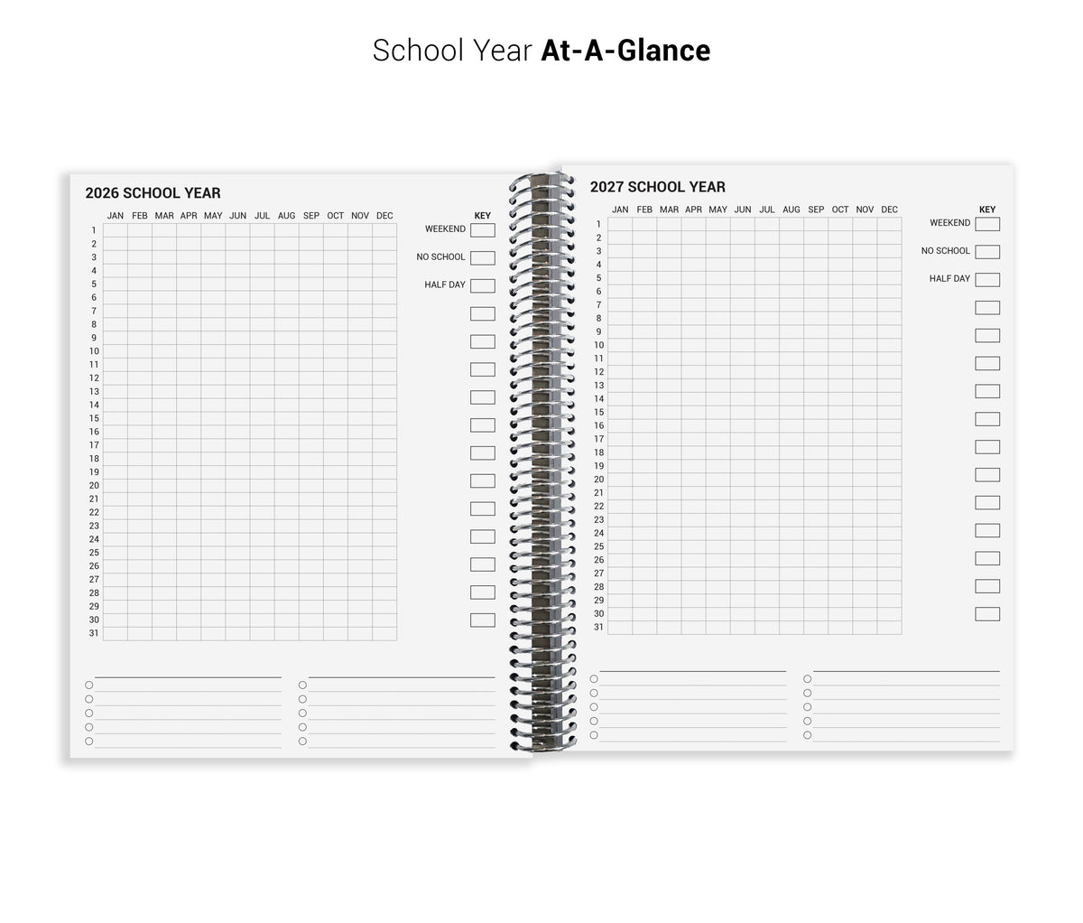 The image is a school year planner for the years 2026 and 2027, showing a detailed schedule for the months January to December. The planner includes a key for each week, with days labeled as "HALF DAY" and "NO SCHOOL". The layout is organized with a grid for recording dates and times, and the days are listed in a column format. The overall layout is simple and straightforward, providing a clear and efficient way to plan and track school activities.