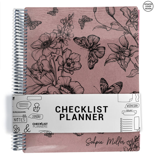 mauve pink and black butterflies and flowers pattern on planner Notebook with spiral binding