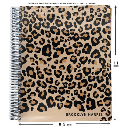 tan cheetah pattern on planner Notebook with spiral binding and size dimensions labeled on a white background