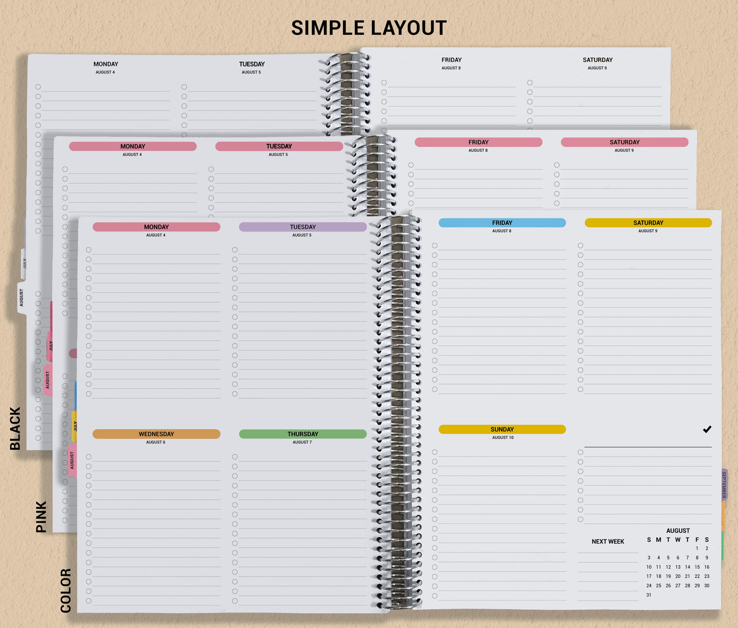 a spiral bound planner with a simple layout