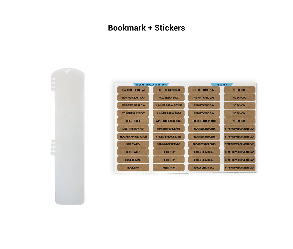 a bookmark and stickers, with the bookmark being a white plastic object and the stickers being brown cards with various labels.