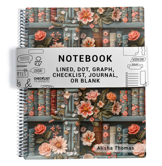 The image is a spiral-bound notebook with a floral pattern and a white label that reads "NOTBOOK LINED, DOT, GRAPH, CHECKLIST, JOURNAL, OR BLANK" and "Alisha Thomas".