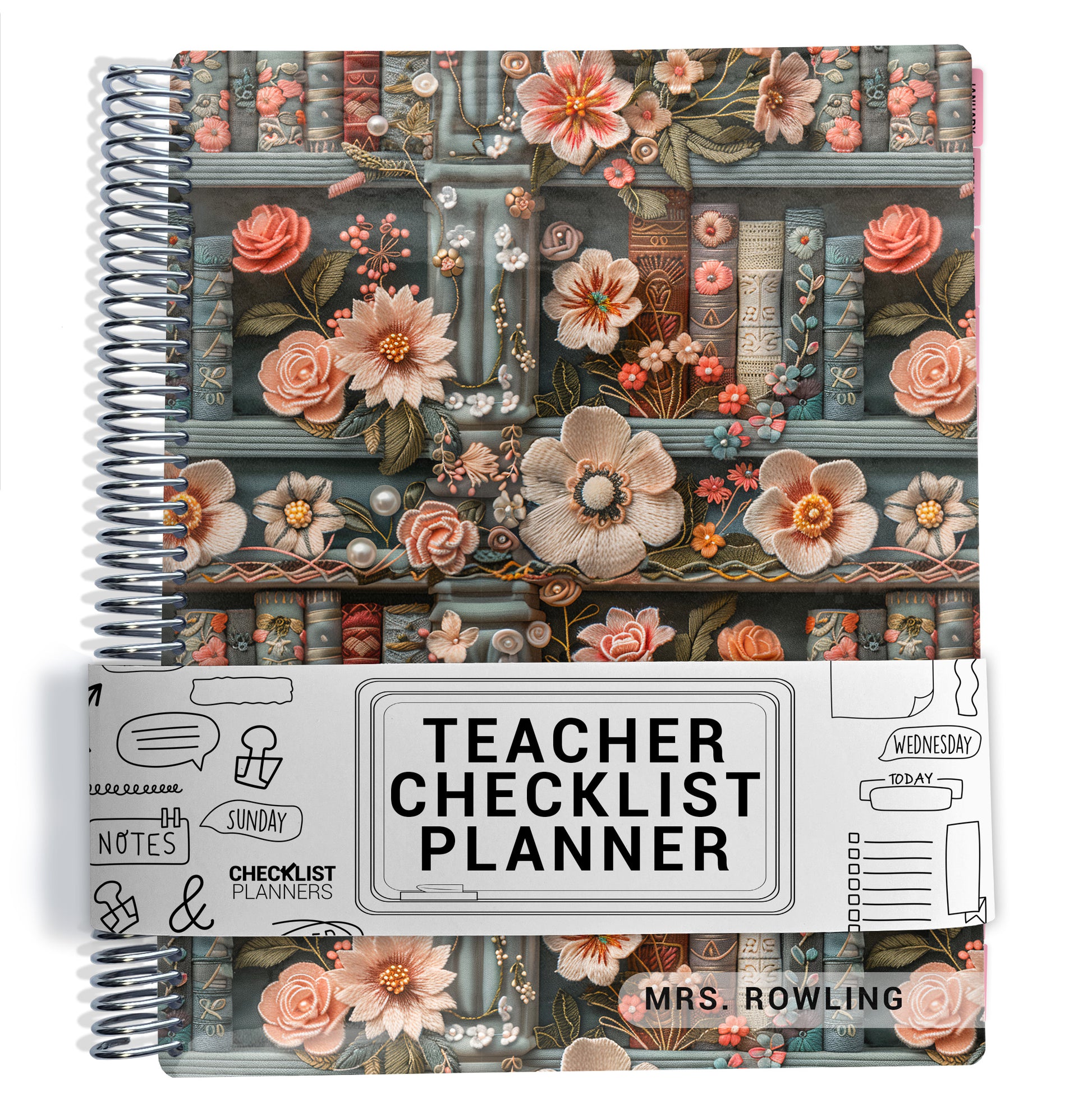 pink and blue books and flowers on bookshelf pattern on planner Notebook with spiral binding