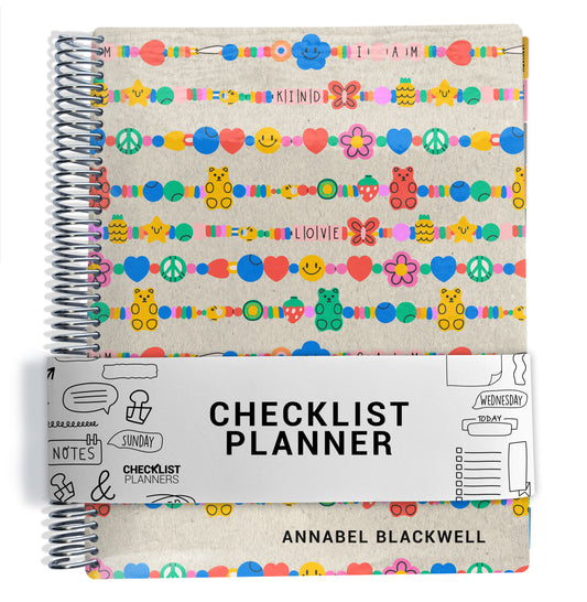 planner Notebook with colorful bracelets design with text that says 'i am, kind, love, calm, able'