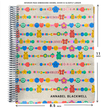 planner Notebook with colorful bracelets design with text that says 'i am, kind, love, calm, able' and size dimensions shown