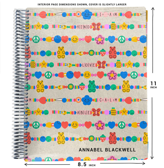 planner Notebook with colorful bracelets design with text that says 'i am, kind, love, calm, able' and size dimensions shown