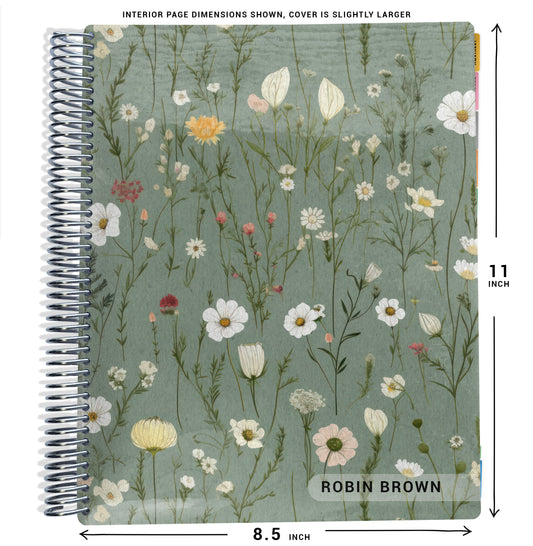 green floral pattern on planner Notebook with spiral binding and size dimensions labeled on a white background