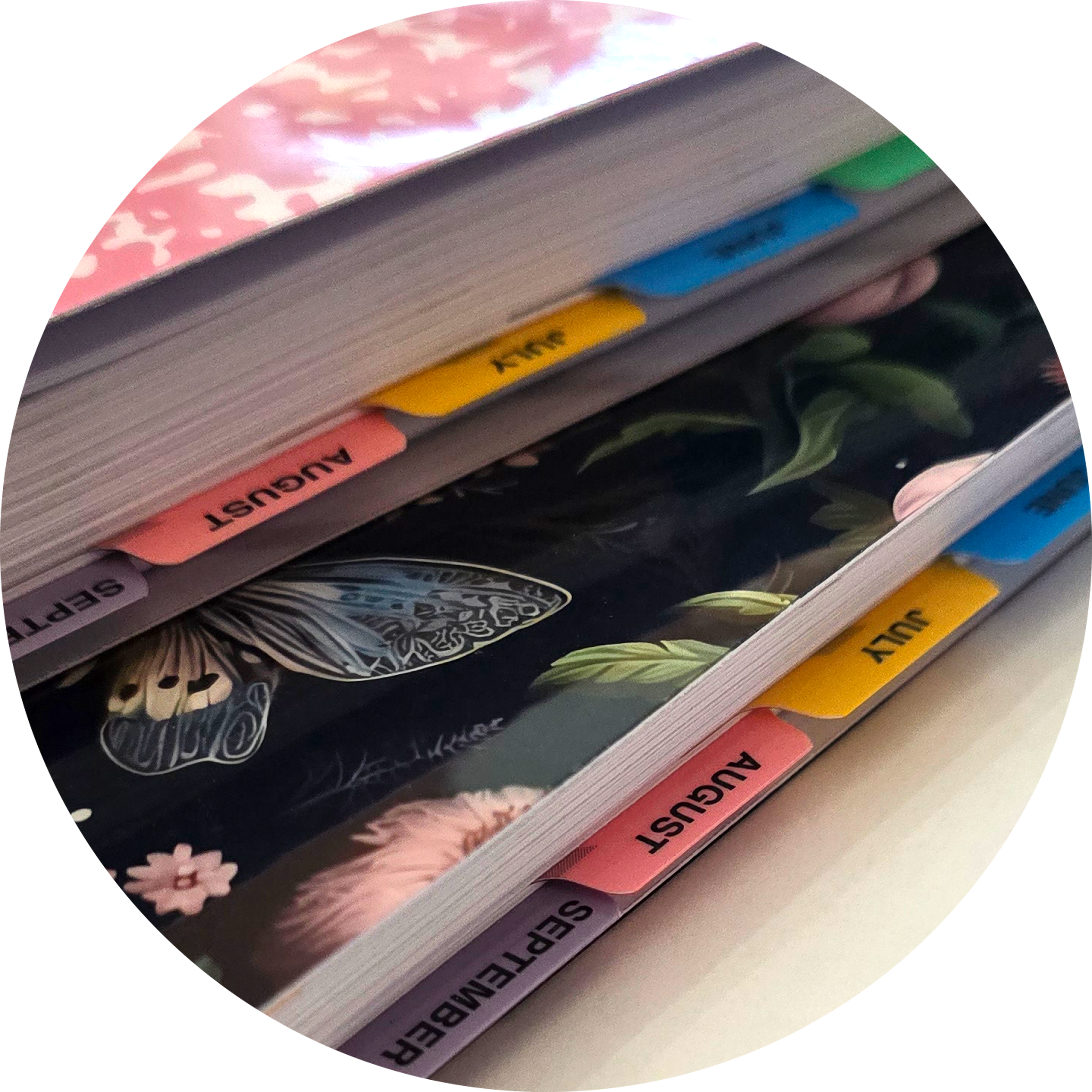 close up of planner showing different color monthly index tabs on the side of the planners