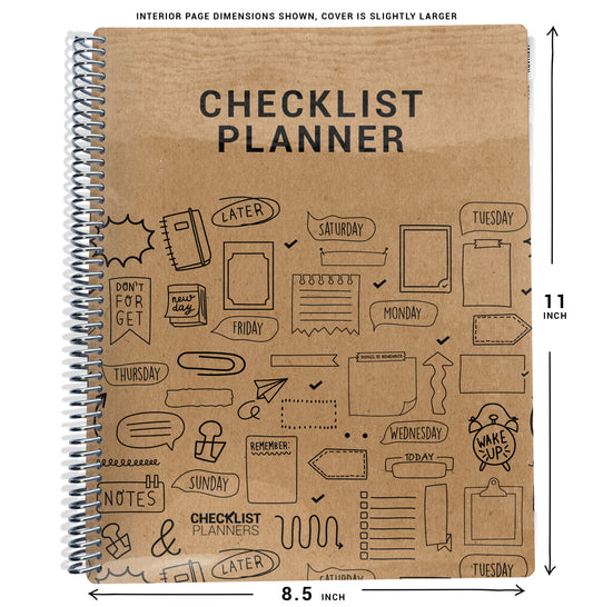 kraft brown doodle design checklist planner with spiral coil with size dimensions
