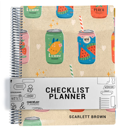 notebook planner with green, pink, and blue soda cans design