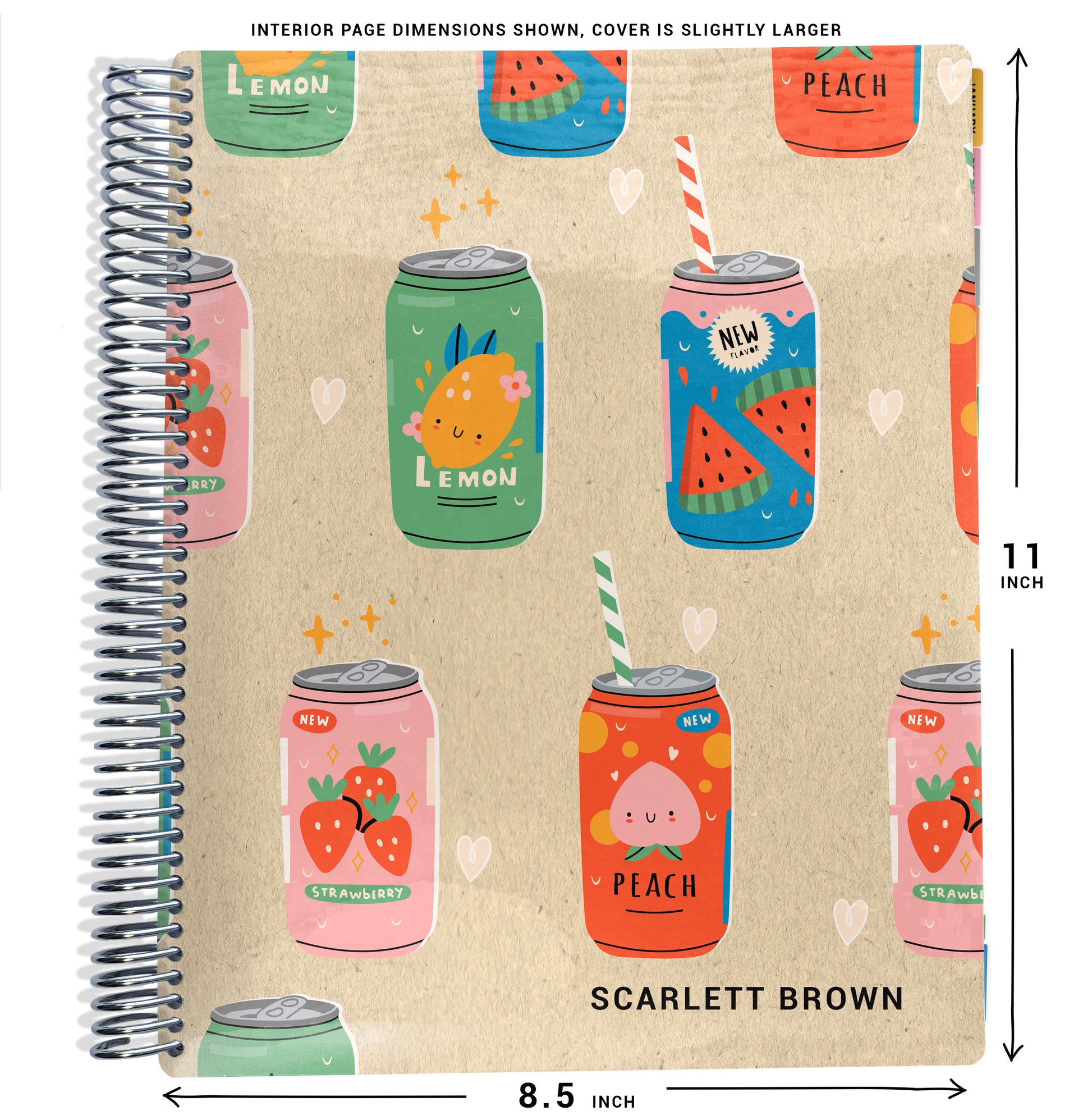 notebook planner with green, pink, and blue soda cans design and size dimensions