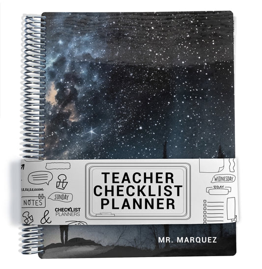 blue and black sky with star, mountains, and trees, and one man standing pattern on planner Notebook with spiral binding on a white background