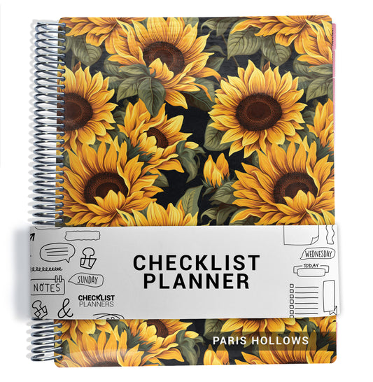 yellow, green, and black sunflowers pattern on planner Notebook with spiral binding on a white background