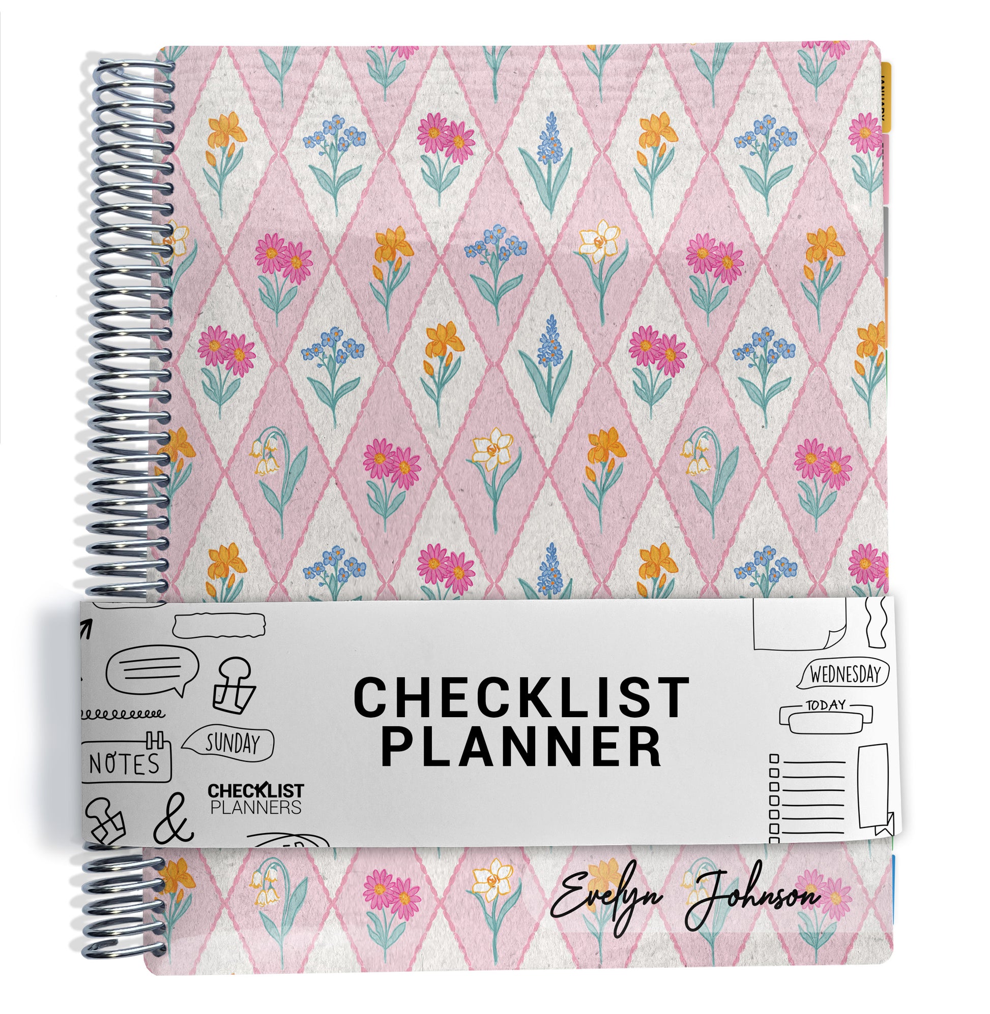 planner with pink and blue floral pattern on a white background
