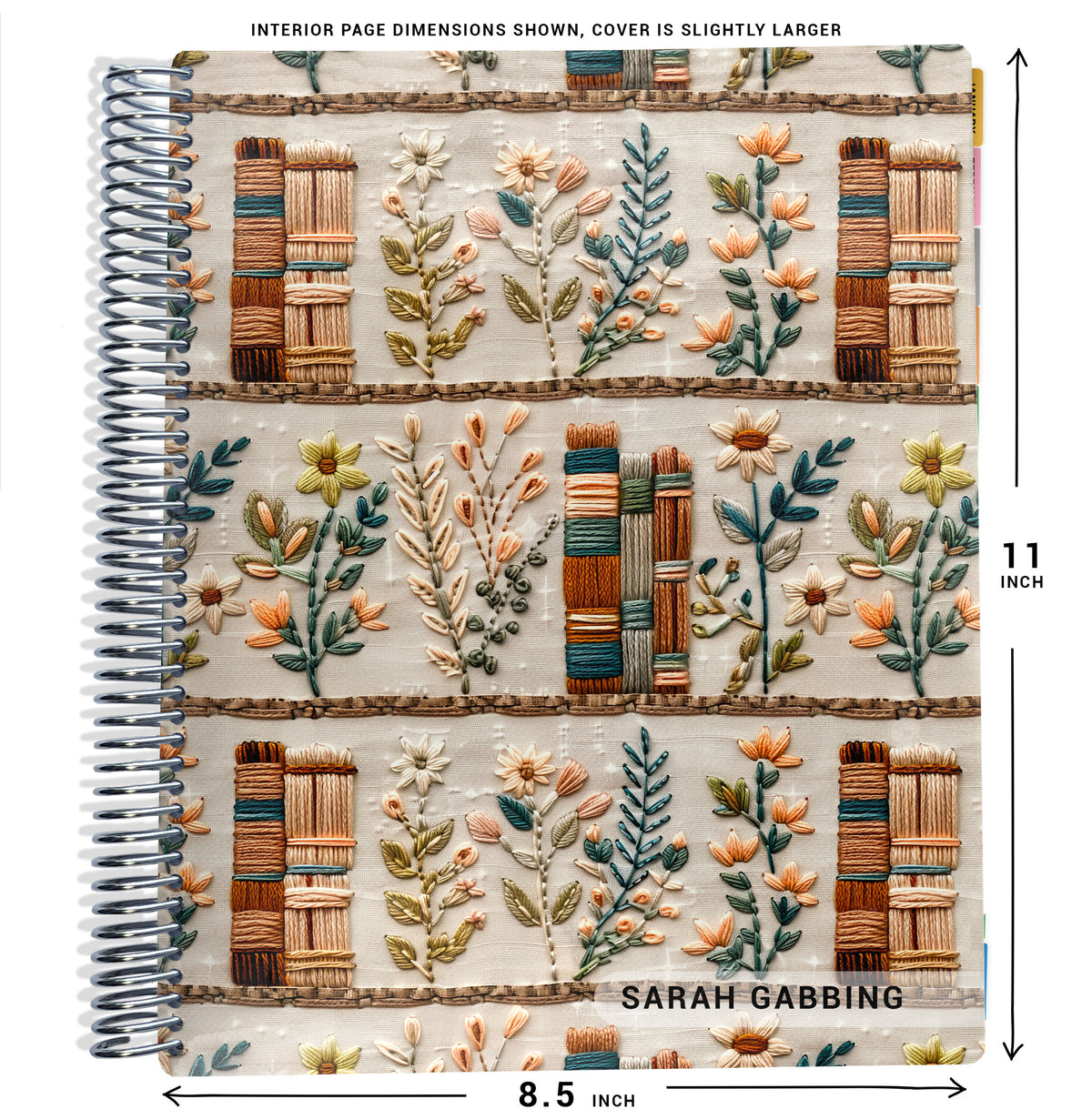 fake embroidered books and green flowers pattern on planner Notebook with spiral binding and size dimensions labeled on a white background
