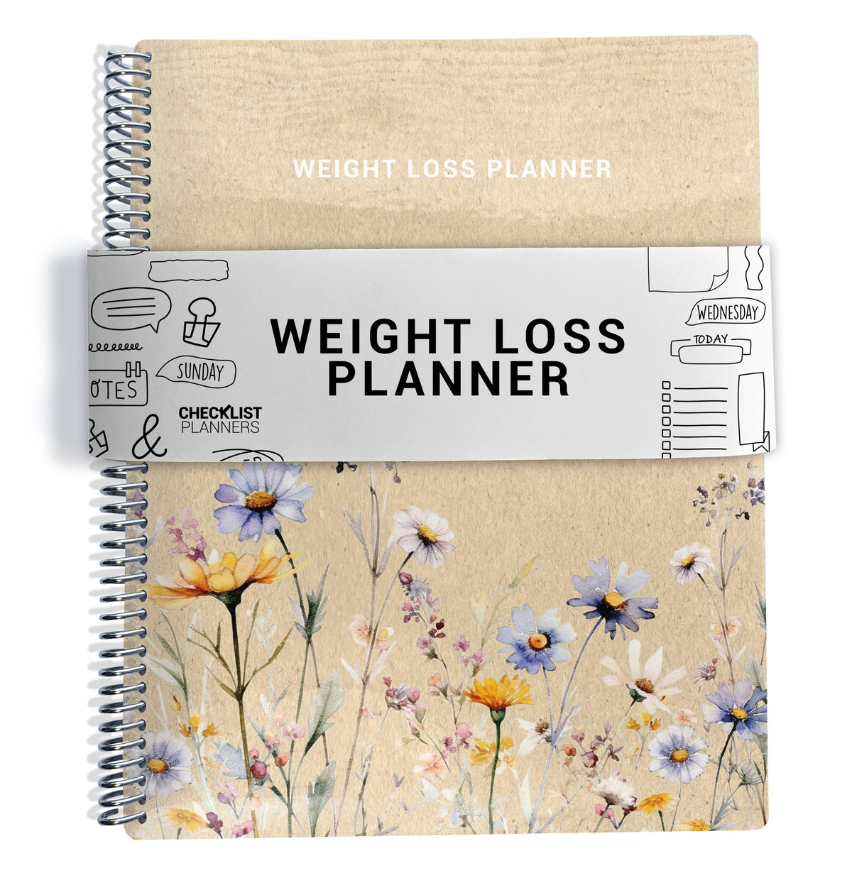 beige background with yellow and blue wildflowers pattern with the text 'weight loss planner' on planner Notebook with spiral binding on a white background