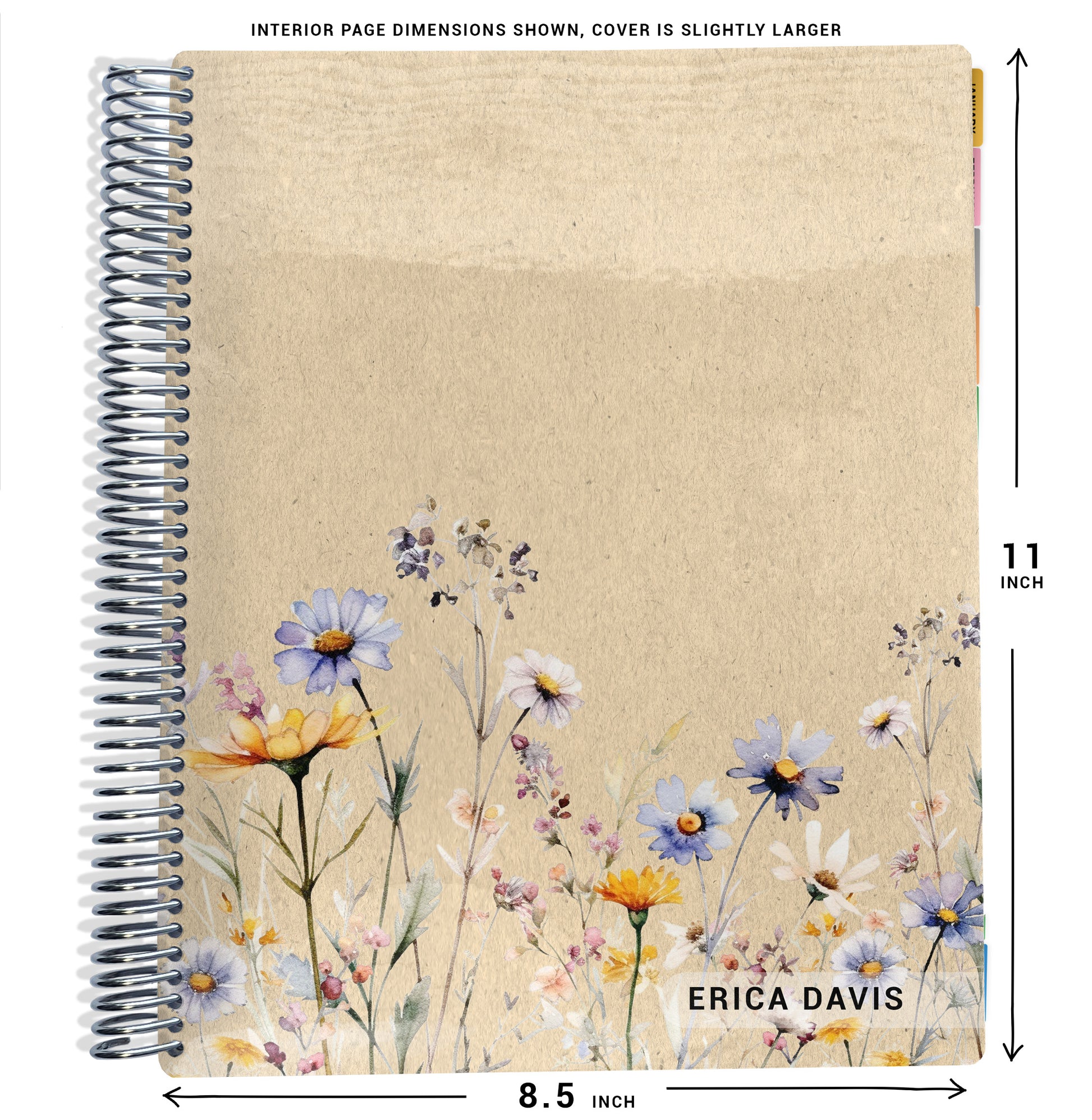 planner notebook with floral design on tan background, shown with dimensions.