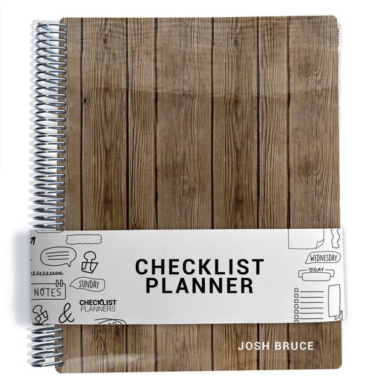 brown wood grain pattern on planner Notebook with spiral binding on a white background