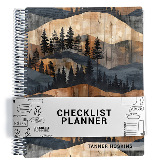brown and gray wood and mountains pattern on planner Notebook with spiral binding on a white background