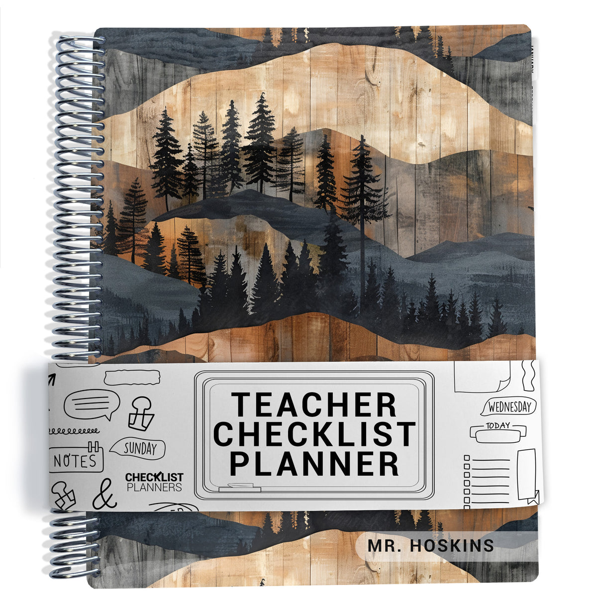 brown and gray wood and mountains pattern on planner Notebook with spiral binding on a white background